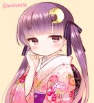  1girl bangs beige_background blunt_bangs blush bow closed_mouth crescent crescent_hair_ornament eyebrows_visible_through_hair floral_print hair_bow hair_ornament hand_to_own_face hand_up japanese_clothes kimono long_hair long_sleeves looking_at_viewer marshmallow_mille obi patchouli_knowledge pink_kimono print_kimono purple_hair red_eyes ribbon sash simple_background smile solo striped striped_bow striped_ribbon touhou twintails twitter_username very_long_hair wide_sleeves 