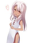  1girl :d absurdres bangs bare_arms blush brown_eyes china_dress chinese_clothes chloe_von_einzbern commentary_request dark_skin dress eyebrows_visible_through_hair fate/kaleid_liner_prisma_illya fate_(series) hair_between_eyes heart highres long_hair looking_at_viewer natsu_(sinker8c) one_side_up open_mouth pelvic_curtain silver_hair simple_background sleeveless sleeveless_dress smile solo white_background white_dress 