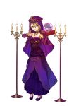  1girl ange_(princess_principal) arabian_clothes arm_warmers bare_shoulders blue_eyes breasts brown_hair candle candlestand choker crescent_moon_symbol crystal_ball dress fire full_body hand_up headwear_request highres looking_at_viewer official_art princess_principal princess_principal_game_of_mission purple_dress purple_legwear short_hair small_breasts solo standing transparent_background 