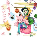  2018 2girls :d ajia_(otya3039) all_fours animal_ears bubble_skirt dog_ears dog_mask face_cutout fang floral_print flower fox_mask green_eyes green_hair hat hata_no_kokoro holding holding_hat kemonomimi_mode komeiji_koishi long_hair mask multiple_girls new_mask_of_hope new_year open_mouth pink_eyes pink_hair riding short_hair skirt smile string third_eye touhou year_of_the_dog 