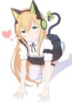  1girl animal_ears arm_support bangs black_ribbon blonde_hair blush bow breasts brown_hair buttons cat_ear_headphones cat_ears cat_tail closed_mouth collared_shirt eyebrows_visible_through_hair frills girls_frontline green_bow green_eyes green_ribbon hair_between_eyes head_tilt headphones highres kneeling long_hair looking_at_viewer pleated_skirt ribbon shirt sidelocks skirt small_breasts smile solo starfox1015 tail tail_ribbon thigh-highs thigh_strap thighs tmp_(girls_frontline) very_long_hair white_legwear white_shirt zettai_ryouiki 