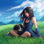  1girl arm_warmers bird black_hair blue_sky clouds crossed_ankles day dicesms dog final_fantasy final_fantasy_viii long_hair multicolored_hair outdoors rinoa_heartilly sitting sky solo two-tone_hair 