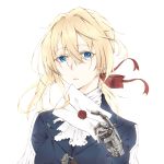  1girl absurdres ascot blonde_hair blue_eyes blue_jacket hair_ribbon highres holding jacket looking_at_viewer mail mechanical_arms prosthesis prosthetic_arm red_ribbon ribbon shenwuyue_xiaoye short_hair solo violet_evergarden violet_evergarden_(character) 