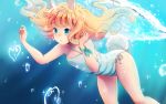  1girl animal_ears artist_request blonde_hair bunny_tail casual_one-piece_swimsuit elin_(tera) green_eyes highres long_hair one-piece_swimsuit open_mouth outstretched_arm rabbit_ears solo striped striped_swimsuit swimming swimsuit tail tera_online underwater water white_swimsuit 