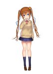  09x 1girl arm_at_side blue_eyes blue_legwear blue_skirt brown_footwear brown_hair brown_sweater full_body hair_ornament hand_up long_hair long_sleeves looking_at_viewer original school_uniform skirt socks standing twintails x_hair_ornament 