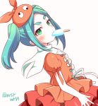  1girl aqua_hair blush center_frills dress dutch_angle food food_in_mouth frills green_eyes hat layered_dress long_hair looking_at_viewer looking_to_the_side marshmallow_mille monogatari_(series) mouth_hold nisemonogatari ononoki_yotsugi orange_dress orange_hat pleated_dress popsicle puffy_short_sleeves puffy_sleeves short_sleeves sidelocks simple_background solo thick_eyebrows twintails twitter_username v-shaped_eyebrows white_background 