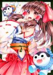  1girl 2018 bangs black_border border bow brown_hair detached_sleeves funnyfunny hair_bow hair_tubes hakurei_reimu hand_up highres hip_vent long_hair looking_at_viewer marker_(medium) obi open_mouth red_bow red_eyes red_skirt ribbon-trimmed_sleeves ribbon_trim sash sidelocks skirt smile solo stuffed_animal stuffed_cat stuffed_toy touhou traditional_media 