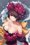  1girl animal bangs bare_shoulders bird blue_eyes breasts brown_hair closed_mouth collarbone commentary_request eyebrows_visible_through_hair fate/grand_order fate_(series) finger_to_mouth flower from_above hair_flower hair_ornament hairpin heart highres holding japanese_clothes katsushika_hokusai_(fate/grand_order) kimono loading_(vkjim0610) looking_at_viewer medium_breasts obi off_shoulder purple_flower red_flower sash short_hair smile solo standing water 