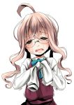  1girl ahoge commentary_request crying crying_with_eyes_open dress dress_shirt glasses kantai_collection kurona long_hair makigumo_(kantai_collection) open_mouth pink_hair red_dress shirt sleeves_past_wrists solo tears tied_sleeves yellow_eyes 