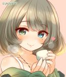  1girl bangs bare_shoulders blue_eyes blush choko_(cup) closed_mouth collarbone cup eyebrows_visible_through_hair green_eyes green_hair green_shirt heart heterochromia holding holding_cup idolmaster idolmaster_cinderella_girls jewelry long_sleeves looking_at_viewer marshmallow_mille mole mole_under_eye necklace off-shoulder_shirt pink_background shirt short_hair simple_background sleeves_past_wrists smile solo takagaki_kaede twitter_username 