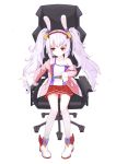  1girl absurdres animal_ears azur_lane bangs bare_shoulders blush boots camisole chair chenran_tiantang closed_mouth collarbone commentary_request hair_ornament hairband high_heel_boots high_heels highres jacket laffey_(azur_lane) long_hair long_sleeves off_shoulder office_chair on_chair open_clothes open_jacket panties pantyshot pantyshot_(sitting) pigeon-toed pink_jacket pleated_skirt rabbit_ears red_eyes red_hairband red_skirt sidelocks silver_hair sitting skirt solo strap_slip striped striped_panties thigh-highs twintails underwear very_long_hair white_background white_camisole white_footwear white_legwear 