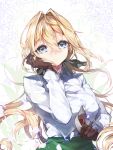  1girl black_ribbon blonde_hair blue_eyes breasts brown_gloves gloves green_skirt hair_between_eyes hair_ribbon highres kanola_u large_breasts long_hair looking_at_viewer mail ribbon shirt simple_background skirt solo violet_evergarden violet_evergarden_(character) white_shirt 