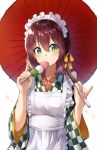  1girl apron blush braid brown_hair checkered commentary_request dango dumpling food green_eyes headband highres holding holding_umbrella japanese_clothes kappougi kimono looking_at_viewer maid nonono oriental_umbrella original side_braid skewer tagme traditional_clothes umbrella upper_body wagashi wide_sleeves 