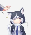  1girl angry animal_ears commentary_request dog dog_ears elbow_gloves eyebrows_visible_through_hair fang gloves kemono_friends multicolored_hair nina_yuki siberian_husky_(kemono_friends) year_of_the_dog 