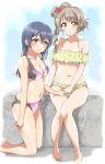  bangs barefoot bikini blue_hair blush closed_mouth commentary_request curly_hair frilled_bikini frilled_swimsuit frills grey_hair hair_between_eyes hair_bun highres kneeling long_hair looking_at_viewer love_live! love_live!_school_idol_project minami_kotori multiple_girls navel one_side_up open_mouth simple_background sitting smile sonoda_umi swimsuit tetopetesone yellow_eyes 