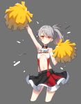  1girl alternate_costume arm_up armpits ascot bare_shoulders cheerleader chestnut_mouth closers cropped_legs eyebrows_visible_through_hair flat_chest grey_background grey_hair highres looking_at_viewer navel navel_cutout orange_eyes pom_poms side_ponytail simple_background skirt sleeveless solo sparkle supernew suspender_skirt suspenders tina_(closers) 