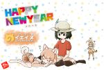  2018 animal_ears backpack bag bucket_hat dog_(kemono_friends) dog_ears dog_tail gloves hat highres kaban_(kemono_friends) kemono_friends miyamoto_yuuhei multiple_girls serval_(kemono_friends) serval_ears serval_print serval_tail short_hair short_sleeves shorts tail translated year_of_the_dog 