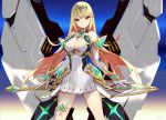  1girl bangs breasts cleavage_cutout closed_mouth detached_sleeves dress eyebrows_visible_through_hair gloves highres mythra_(xenoblade) kiwamu large_breasts long_hair looking_at_viewer simple_background smile solo standing thigh_strap xenoblade_2 