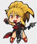  1girl animal_ears blonde_hair chibi china_dress chinese_clothes dress fang fingerless_gloves fox_ears gloves ibara. long_hair multicolored_hair namco_x_capcom open_mouth ponytail red_eyes smile solo super_robot_wars super_robot_wars_og_saga_mugen_no_frontier two-tone_hair xiaomu zipper 