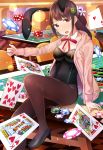  1girl :o ace_of_hearts animal_ears black_footwear breasts brown_eyes brown_hair brown_legwear bunny_girl bunnysuit card casino checkered checkered_floor cleavage dice food_themed_hair_ornament hair_ornament hairclip hood hoodie inside king_of_hearts_(card) kiwi_hair_ornament medium_breasts neri_kouji original pantyhose playing_card poker_chip rabbit_ears roulette_table royal_flush shoes sitting 