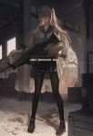  belt_feed bespectacled brown_eyes character_name girls_frontline glasses gloves gun hairband highres jacket long_hair looking_at_viewer machine_gun mg4_(girls_frontline) pantyhose ruins school_uniform silver_hair skirt smile very_long_hair weapon xukong 