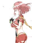  1girl bafarin blush breasts covered_navel earrings fingerless_gloves gloves hair_ornament highres pyra_(xenoblade) jewelry large_breasts redhead short_hair shorts sidelocks simple_background smile solo tiara white_background xenoblade xenoblade_2 