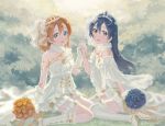  2girls bangs bare_shoulders blue_hair bouquet bridal_veil bride commentary_request dress earrings flower gloves hair_between_eyes hand_holding interlocked_fingers jewelry kousaka_honoka long_hair looking_at_viewer love_live! love_live!_school_idol_festival love_live!_school_idol_project marriage multiple_girls necklace open_mouth sitting smile sonoda_umi strapless thigh-highs tiara tomiwo veil wariza wedding_dress white_gloves white_legwear wife_and_wife yellow_eyes yuri 