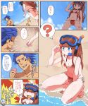  1boy 1girl breasts character_request cleavage commentary_request highres long_hair phantasy_star phantasy_star_online_2 short_hair swimsuit yucopi 