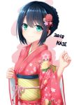  1girl 2018 artist_name bangs black_hair blush braid closed_mouth commentary_request eyebrows_visible_through_hair floral_print flower green_eyes hair_between_eyes hair_flower hair_ornament japanese_clothes kaieee kimono long_sleeves looking_at_viewer obi original pink_flower pink_kimono print_kimono sash sidelocks smile solo upper_body white_background wide_sleeves 