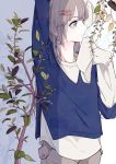  1girl arm_up asai_umi bangs beige_pants commentary_request earrings expressionless grey_eyes grey_hair hair_ornament hairpin half_updo hand_up hands_in_sleeves highres jewelry long_hair long_sleeves original plant short_over_long_sleeves solo upper_body 