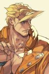  1boy blonde_hair charlie_nash closed_mouth eyeglass fingernails glasses hand_up hankuri holding jacket looking_to_the_side male_focus muscle open_eyes orange_jacket shadow short_hair solo street_fighter yellow_background 