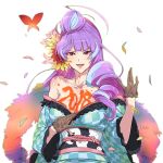  1girl 2018 black_gloves blue_hair blue_kimono bodypaint breasts checkered checkered_kimono cleavage collarbone commentary_request don_(rg06268) gloves highres japanese_clothes kimono large_breasts long_hair looking_at_viewer macross macross_delta mikumo_guynemer multicolored_hair off_shoulder open_mouth purple_hair red_eyes sash shiny shiny_hair shiny_skin simple_background solo two-tone_hair very_long_hair white_background 