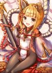  1girl :d animal_ears bangs bare_shoulders black_legwear blonde_hair blush breasts brown_eyes commentary_request detached_sleeves dog_ears dress erun_(granblue_fantasy) eyebrows_visible_through_hair granblue_fantasy hair_ornament highres holding long_hair long_sleeves looking_at_viewer open_mouth pantyhose pelvic_curtain rope sakura_ani shimenawa sitting small_breasts smile solo vajra_(granblue_fantasy) white_dress wide_sleeves 