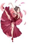  1girl arm_up armpits ballet_slippers breasts brown_hair cleavage dorothy_(princess_principal) dress full_body hair_bun hair_ornament hand_on_own_chest highres leg_up long_hair looking_at_viewer medium_breasts official_art petals princess_principal princess_principal_game_of_mission red_dress red_footwear see-through solo standing standing_on_one_leg tiptoes transparent_background violet_eyes 