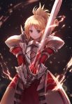  1girl armor bangs black_background blonde_hair blurry braid breastplate clarent closed_mouth depth_of_field electricity eyebrows_visible_through_hair fate/apocrypha fate_(series) faulds fighting_stance floating_hair french_braid gauntlets glowing glowing_weapon green_eyes high_ponytail highres holding holding_sword holding_weapon juliet_sleeves light_particles long_hair long_sleeves looking_at_viewer lunacle mordred_(fate) mordred_(fate)_(all) pauldrons pelvic_curtain ponytail puffy_sleeves sidelocks smile solo standing sword two-handed v-shaped_eyebrows weapon 