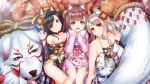  &gt;:d 3girls absurdres animal_ears azur_lane bare_shoulders black_hair breasts brown_hair claw_pose cleavage collar collarbone commentary_request dog dog_ears dog_tail fur_collar green_eyes grin hair_ornament highres japanese_clothes ken_ill kimono long_hair looking_at_viewer lying multiple_girls obi off_shoulder ponytail red_eyes sash shigure_(azur_lane) shiratsuyu_(azur_lane) short_hair silver_hair smile tail two_side_up wide_sleeves yuudachi_(azur_lane) 