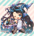  1girl ;d arm_up armpits bangs bare_shoulders black_hair black_legwear blue_eyes blue_footwear blue_gloves blue_hair blush breasts china_dress chinese_clothes commentary_request diagonal-striped_background diagonal_stripes dragon_girl dragon_horns dragon_tail dress eyebrows_visible_through_hair fingerless_gloves gauntlets gloves gradient_hair head_fins horns karin_(p&amp;d) kneeling long_hair looking_at_viewer marshmallow_mille medium_breasts multicolored_hair one_eye_closed open_mouth pantyhose puzzle_&amp;_dragons ribbon shoes sleeveless sleeveless_dress smile solo spikes tail tail_ribbon twitter_username very_long_hair white_dress white_ribbon 
