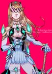  1girl armor artist_request blonde_hair blush breasts cleavage dress gloves mythra_(xenoblade) large_breasts long_hair looking_at_viewer solo sunglasses sword weapon white_background xenoblade xenoblade_2 