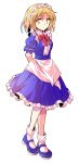  1girl alphes_(style) apron arms_behind_back bangs blonde_hair blue_dress blue_footwear bobby_socks bow bowtie dairi dress eyebrows eyebrows_visible_through_hair facing_away frilled_dress frilled_sleeves frills frown full_body hair_between_eyes highres looking_away looking_to_the_side maid maid_apron maid_headdress mary_janes mugetsu parody puffy_short_sleeves puffy_sleeves red_bow red_neckwear shoes short_hair short_sleeves simple_background socks solo standing style_parody touhou touhou_(pc-98) transparent_background waist_apron white_apron white_legwear yellow_eyes 
