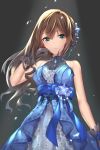  1girl bare_shoulders black_background black_gloves blue_dress breasts brown_hair dress gloves green_eyes hair_ornament highres idolmaster idolmaster_cinderella_girls idolmaster_cinderella_girls_starlight_stage long_hair looking_at_viewer medium_breasts parted_lips seedkeng shibuya_rin solo 