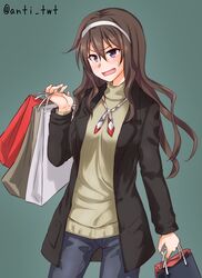  1girl alternate_costume anti_(untea9) ashigara_(kantai_collection) bag black_jacket blazer brown_eyes brown_hair commentary_request cowboy_shot denim fang grey_background hairband highres jacket jeans kantai_collection long_hair open_mouth pants shirt shopping_bag simple_background solo standing twitter_username wavy_hair yellow_shirt 