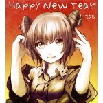  1girl 2015 bangs bare_arms breasts brown_eyes brown_hair collared_shirt eruza espresso_macchiato facing_away frilled_shirt_collar frills hair_between_eyes happy_new_year highres horns lips looking_away looking_to_the_side new_year open_mouth original sheep_horns shirt short_hair short_sleeves small_breasts smile solo text tongue upper_body year_of_the_goat 