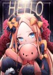  1girl abigail_williams_(fate/grand_order) absurdres bangs black_bow black_dress black_hat blonde_hair blue_eyes blush bow chickenvomit commentary_request covered_mouth dress eyebrows_visible_through_hair fate/grand_order fate_(series) flower forehead hair_bow hat head_tilt highres holding holding_stuffed_animal long_hair long_sleeves looking_at_viewer orange_bow parted_bangs polka_dot polka_dot_bow red_bow red_flower red_rose rose sleeves_past_wrists solo stuffed_animal stuffed_toy teddy_bear 