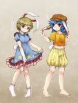  2girls :o ? animal_ears bangs bare_legs barefoot blonde_hair bloomers blue_dress blue_hair breasts brown_hat bunny_tail cabbie_hat closed_mouth cosplay costume_switch crescent_moon crop_top crossed_bangs dress dress_lift ear_clip eyebrows eyebrows_visible_through_hair facing_away floppy_ears frilled_dress frilled_shirt frilled_shorts frilled_sleeves frills gradient gradient_background hat knees_together_feet_apart legs_apart lifted_by_self long_hair looking_down medium_breasts moon moon_print multicolored multicolored_clothes multicolored_shorts multiple_girls navel open_mouth orange_shirt outline pigeon-toed puffy_short_sleeves puffy_shorts puffy_sleeves rabbit_ears raised_eyebrow red_eyes ringo_(touhou) ringo_(touhou)_(cosplay) seiran_(touhou) seiran_(touhou)_(cosplay) shirt short_hair short_sleeves shorts socks standing star star_print stomach striped striped_shorts sweat tail tareme touhou underwear vertical_stripes wavy_mouth white_bloomers white_footwear white_outline white_shorts yellow_shorts ys_(fall) 