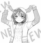  1girl animal_ears animal_hood bangs bunny_hood casual closed_mouth commentary_request ear_lift earrings fake_animal_ears greyscale hair_between_eyes holding holding_ears hood hooded_jacket jacket jewelry long_hair long_sleeves looking_to_the_side love_live! love_live!_school_idol_festival love_live!_school_idol_project monochrome open_clothes open_jacket pocket rabbit_ears smile solo sonoda_umi upper_body yopparai_oni 