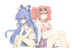  2girls aoi_(annbi) bangle bare_arms bare_shoulders bikini_top blue_bow blue_eyes blue_hair bow bracelet breasts commentary_request drill_hair earrings eyewear_on_head hair_between_eyes hair_bow jewelry knee_up long_hair looking_at_viewer multiple_girls necklace o-ring o-ring_bikini o-ring_top orange_eyes pink_bikini_top pink_hair red_bow sarong siblings simple_background sisters sitting sketch small_breasts sunglasses touhou twin_drills very_long_hair wavy_hair white_background yorigami_jo&#039;on yorigami_shion 
