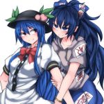  2girls bangle black_hat blouse blue_eyes blue_hair blush bow bracelet debt food fruit hair_bow hat hinanawi_tenshi holding_arm hood hoodie jewelry kuroba_rapid leaf long_hair multiple_girls neck_ribbon peach puffy_short_sleeves puffy_sleeves red_bow red_eyes ribbon short_sleeves simple_background touhou white_background white_blouse wing_collar yorigami_shion 