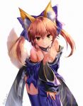  alle_gro animal_ears blue_legwear blue_ribbon breasts cleavage detached_sleeves fate/extra fate/extra_ccc fate/grand_order fate_(series) fox_ears fox_shadow_puppet fox_tail hair_ribbon japanese_clothes large_breasts pink_hair ribbon signature simple_background tail tamamo_(fate)_(all) tamamo_no_mae_(fate) thigh-highs white_background yellow_eyes 