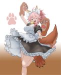  1girl animal_ears apron bell bell_collar breasts cat_hair_ornament cat_paws collar fangs fate/grand_order fate_(series) flasso fox_ears fox_tail gloves gradient gradient_background hair_ornament jingle_bell large_breasts long_hair looking_at_viewer looking_down maid_headdress one_eye_closed paw_gloves paw_shoes paws pink_hair ponytail shoes solo tail tamamo_(fate)_(all) tamamo_cat_(fate) yellow_eyes 