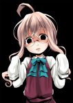  1girl ahoge black_eyes commentary_request dress dress_shirt empty_eyes glasses kantai_collection kurona long_hair makigumo_(kantai_collection) open_mouth pink_hair red_dress shirt sleeves_past_wrists solo 